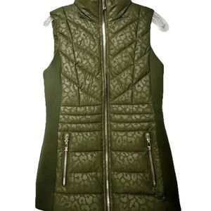 Michael Kors Olive Green Quilted Puffer Vest Leopard Print Zip Front